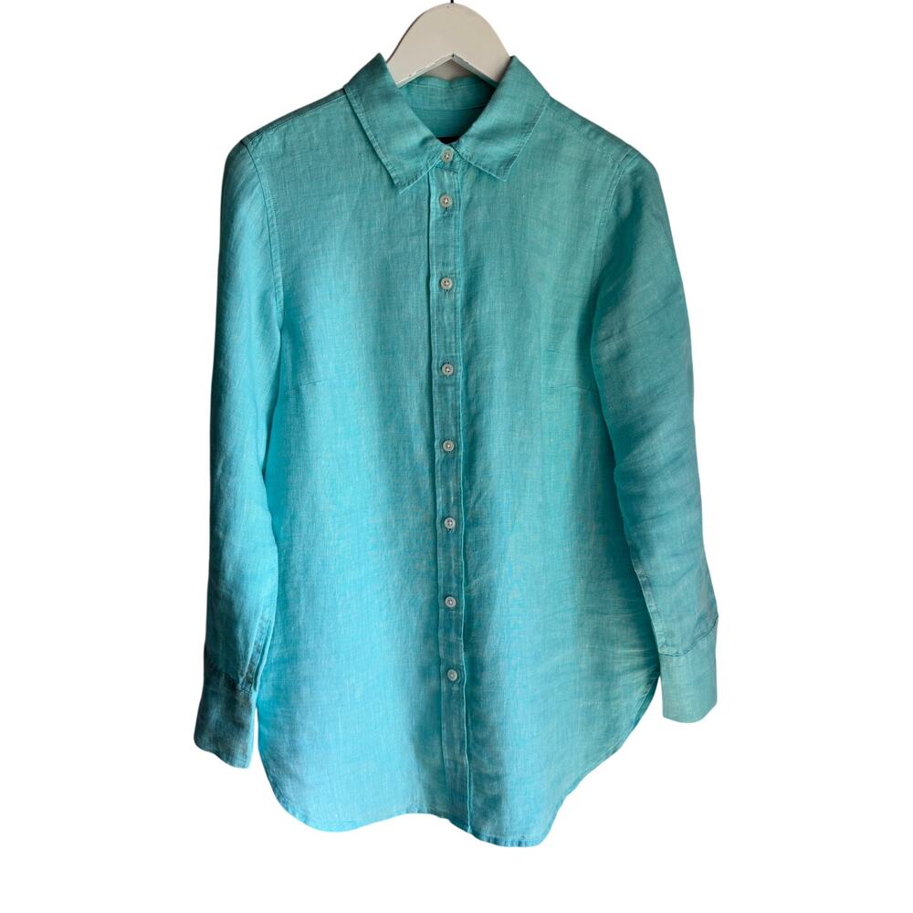 Talbots 100% Linen Button Front Shirt Sea Glass Aqua Blue Small Long Sleeve